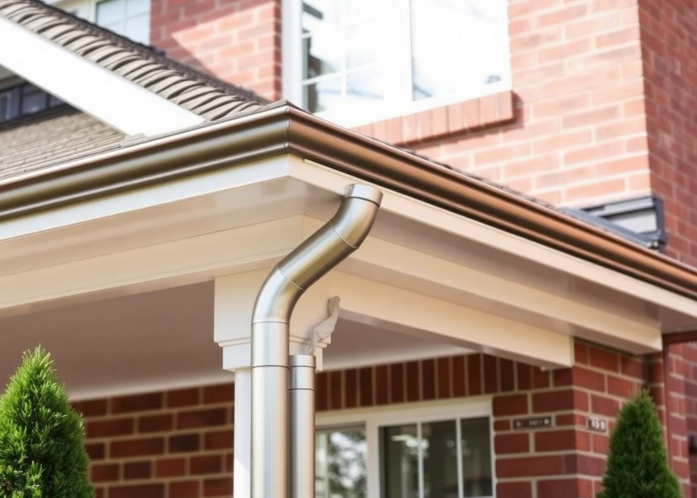 Gutter and downspout on a brick home exterior