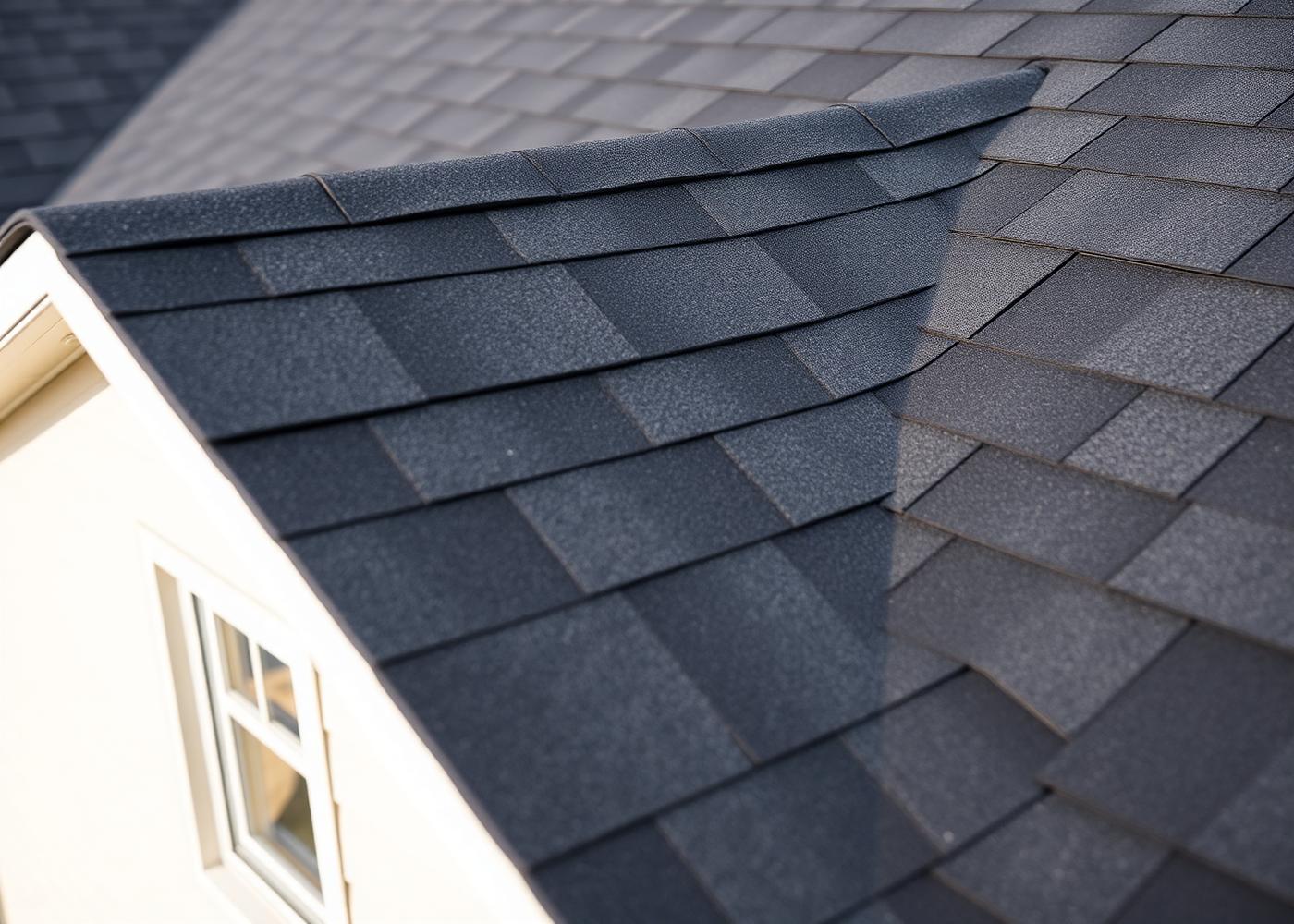 New charcoal asphalt shingles installed along a roof ridge