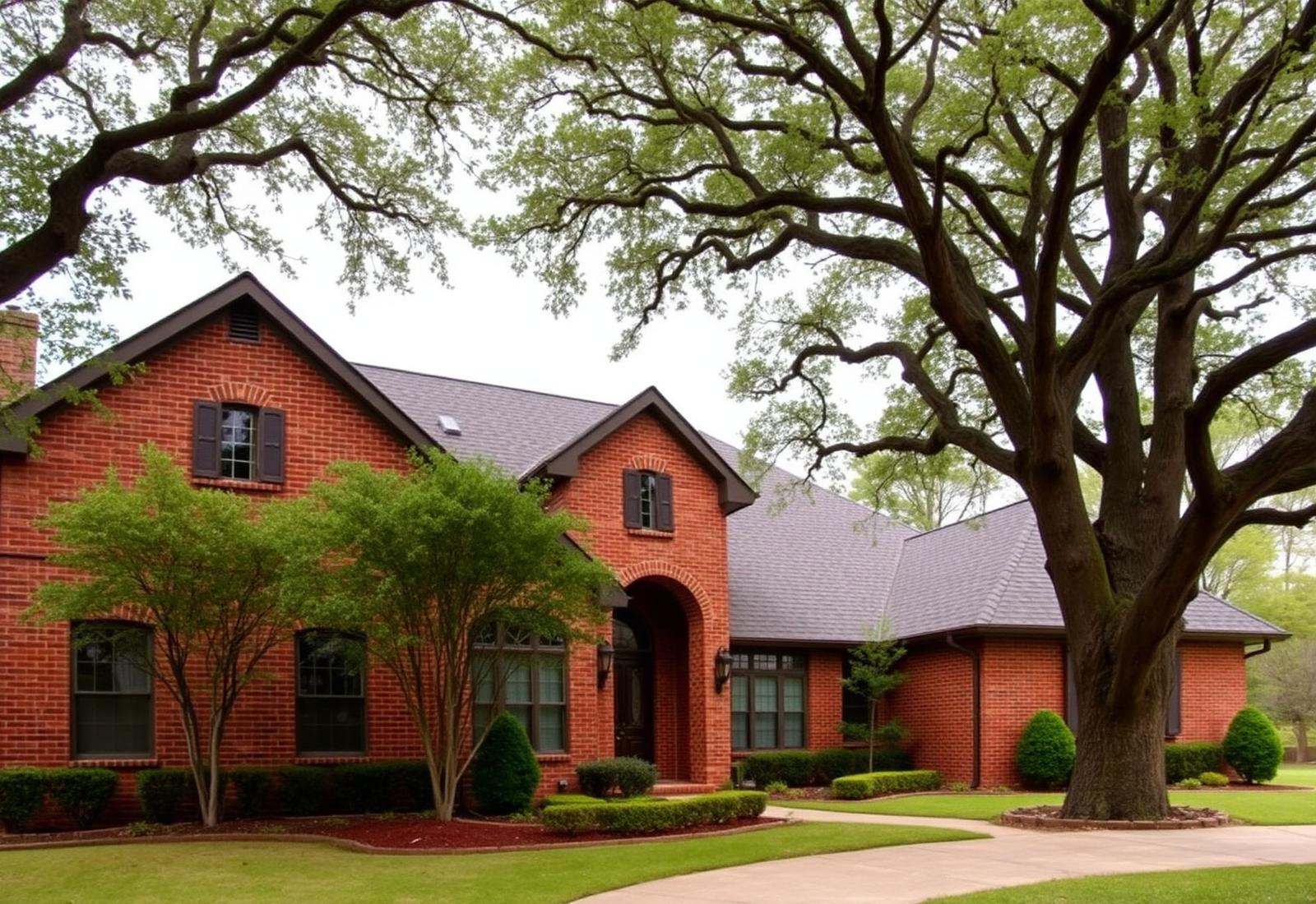 Brick North Texas home with a dark shingle roof surrounded by oak trees
